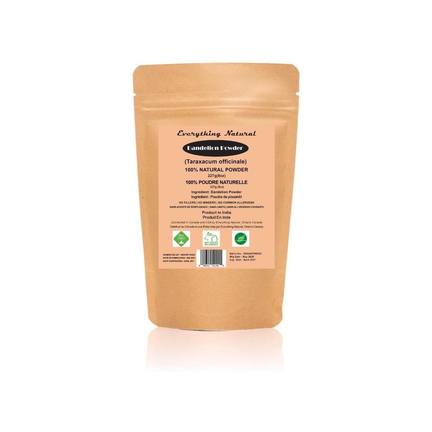 Everything Natural Organic Dandelion Root Powder 227g | Non-GMO, GMP-Certified | For Teas, Smoothies & Wellness in Resealable Pouch
