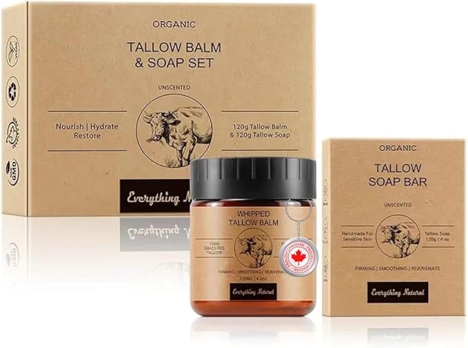 Premium Beef Tallow Skincare Set 2 in 1: Tallow and Honey Face Balm and Tallow Handmade Soap for skin nourishment and hydration - Balm 120G/4 OZ, Soap 120G/4 OZ - 100% grass fed Beef Tallow
