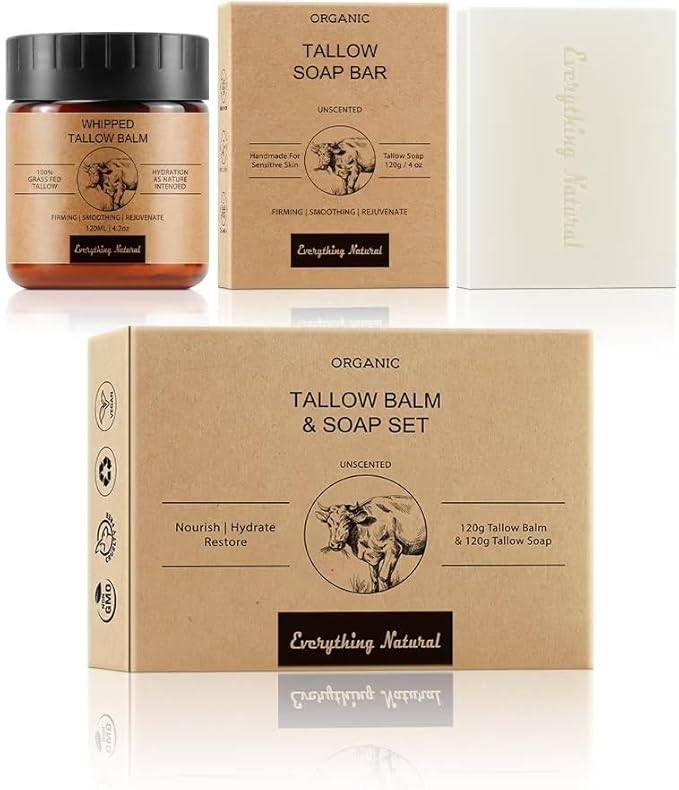 Premium Beef Tallow Skincare Set 2 in 1: Tallow and Honey Face Balm and Tallow Handmade Soap for skin nourishment and hydration - Balm 120G/4 OZ, Soap 120G/4 OZ - 100% grass fed Beef Tallow